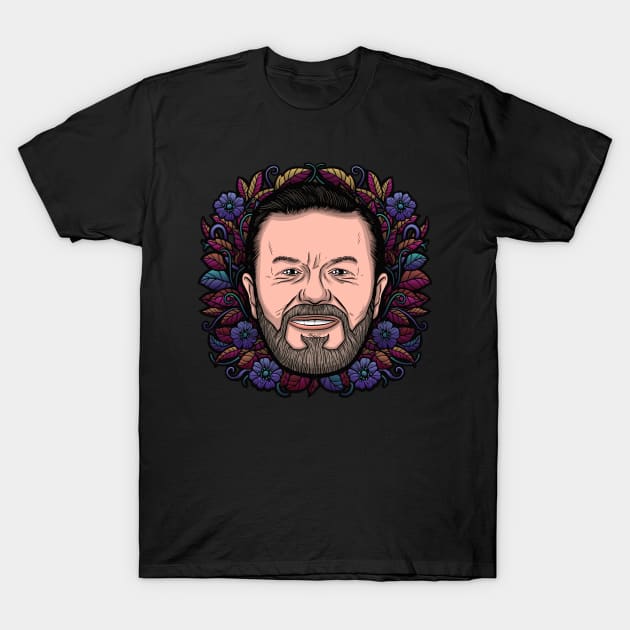 Ricky Gervais (Flowered) T-Shirt by Baddest Shirt Co.